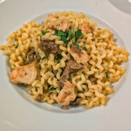 Pasta with Sliced Chicken, Chanterelles and Green Pepper