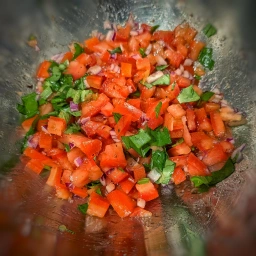 Belag: Tomaten, Zwiebel und Basilikumblätter