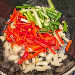 Onion, garlic, ginger, bell pepper and spring onions