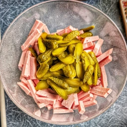 Onion, German-style bologna sausage and gherkins