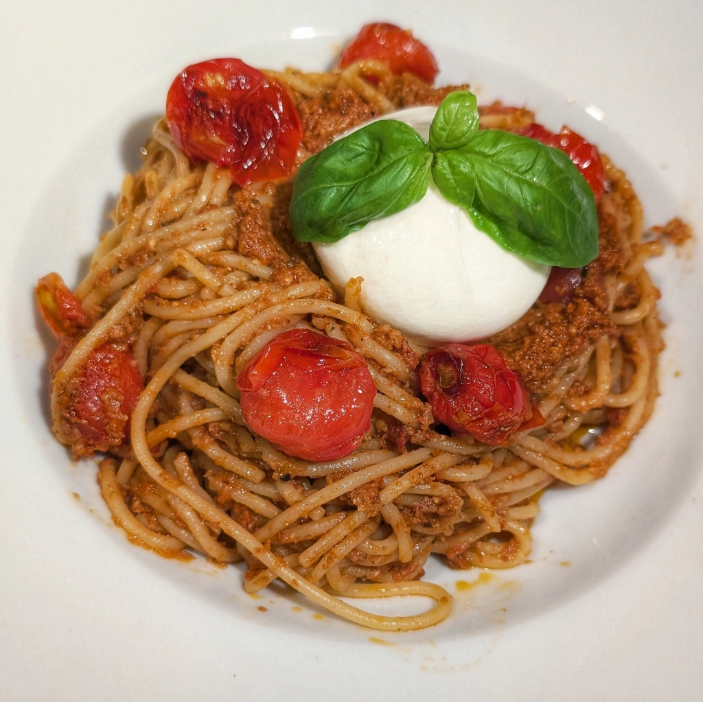 Spaghetti with Pesto Rosso and Burrata