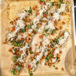 Zucchini with chickpea filling topped with Pecorino