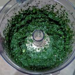 Grobe Paste aus Petersilie, Kerbel und Knoblauch